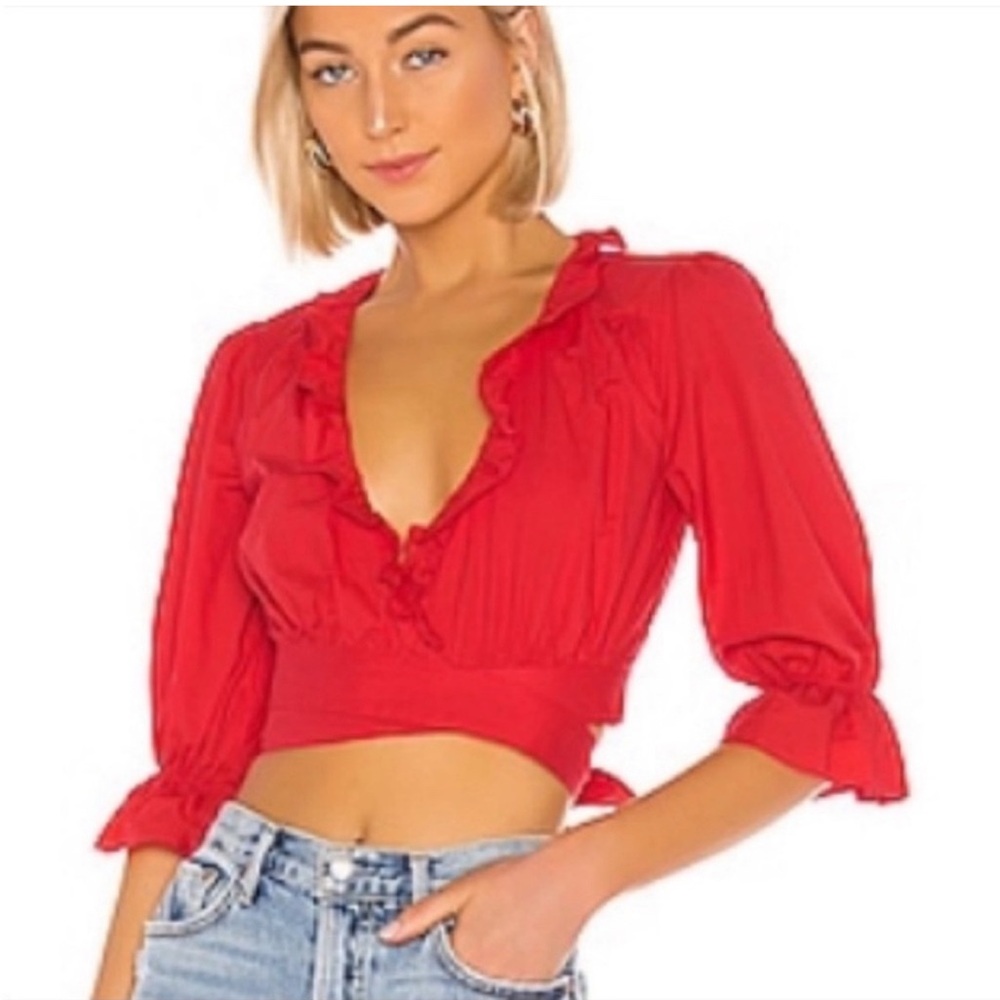 Lovers + Friends Red Ruffled Deep V Crop Top
